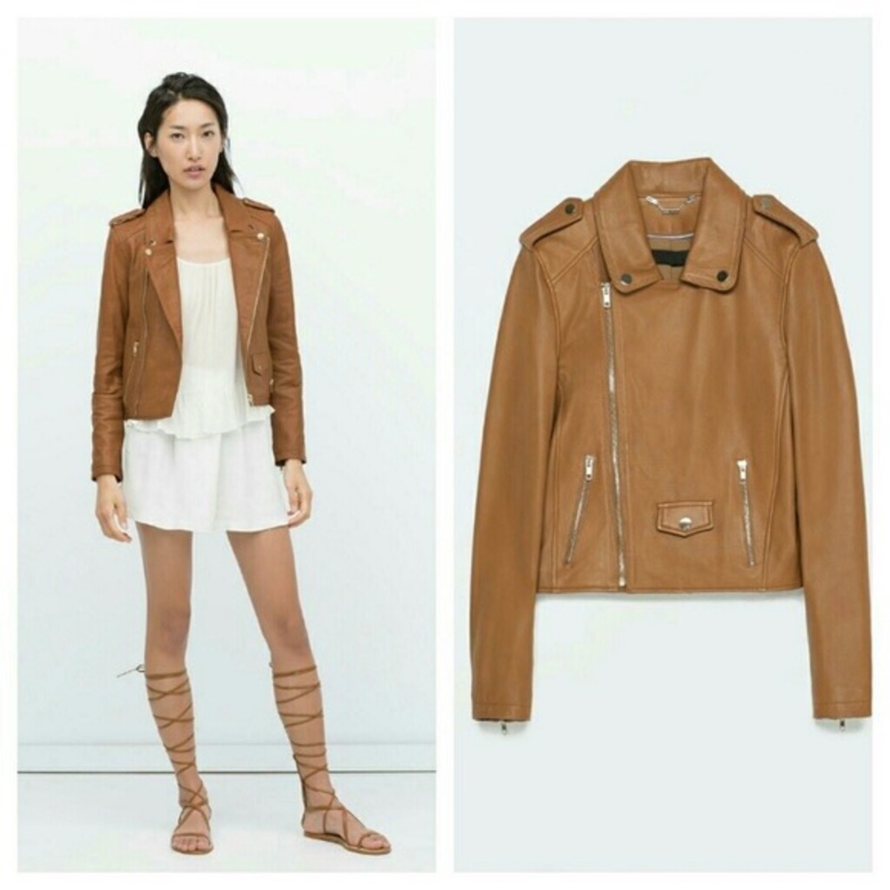 Zara brown moto leather jacket